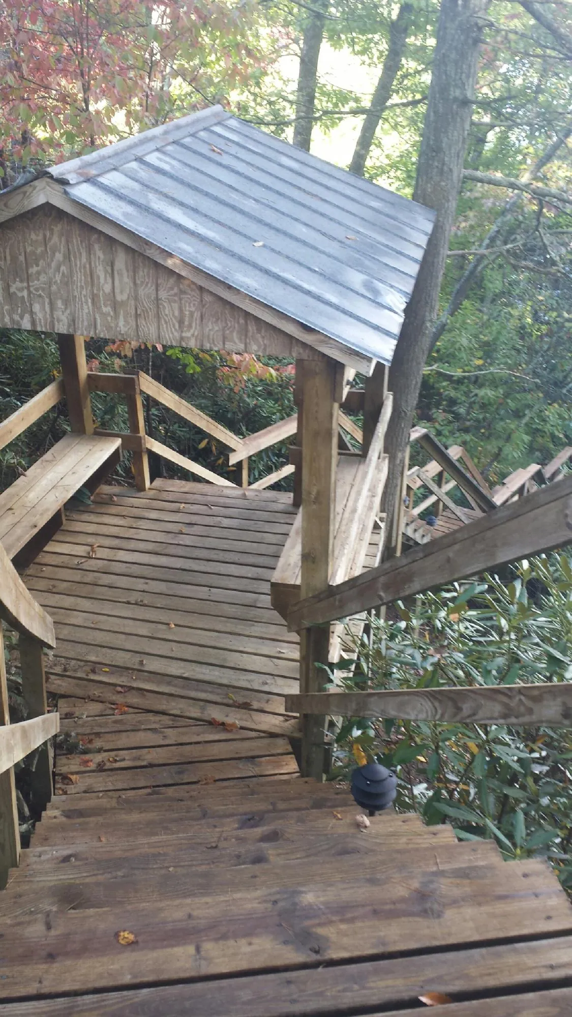 Metal roofed shelter over wooden steps on a wooded walkway — Skylight Repair & Installation work by our crew in Locust Dale